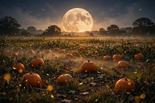Huge full moon rising over a peaceful pumpkin field with glowing fireflies
