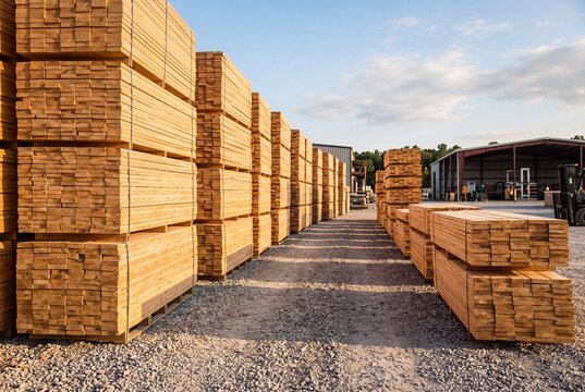 Stacked wooden lumber planks and building timber stored outdoors on pallets in a sawmill yard, representing construction materials supply chain, carpentry or forestry manufacturing.
