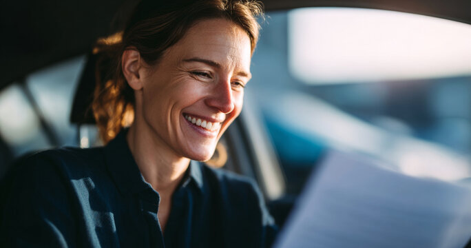 Smiling woman reading document inside car