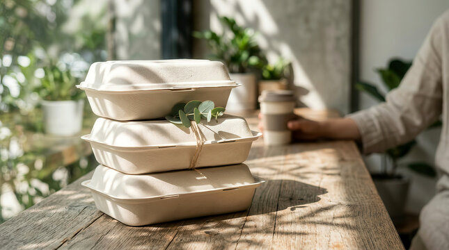 Stack of three eco-friendly biodegradable food containers on a wooden table in a cafe