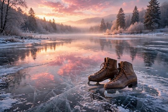 Vintage ice skates resting on a frozen lake at pink sunrise in winter