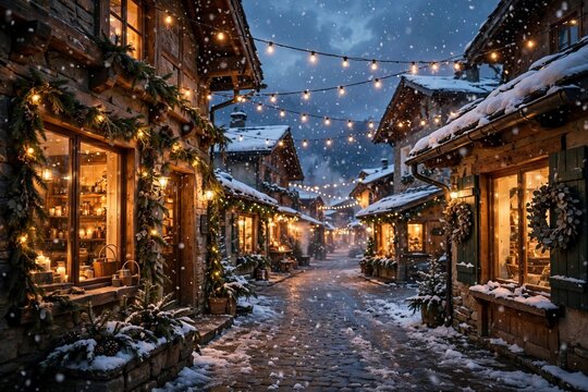 Charming snowy village street at dusk with glowing shops and lights