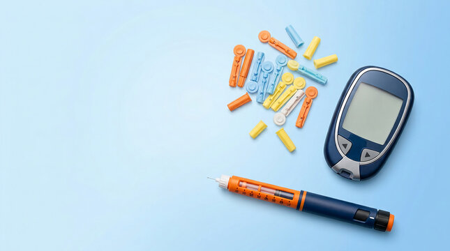 Diabetes testing kit, including a glucose meter and lancets, showcasing medical equipment for health monitoring, representing healthcare and wellness.