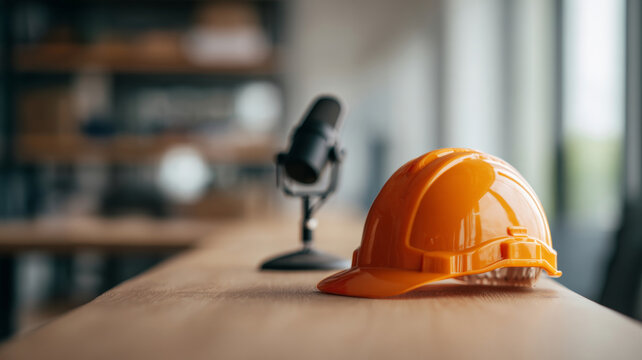 Orange construction helmet on wooden table