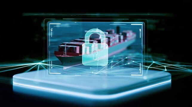 Large container ship on a calm sea with a glowing digital padlock and network overlay, a high-tech concept for maritime logistics security