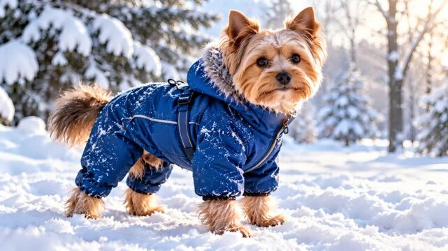 Small dog wearing blue winter coat standing in snowy landscape  