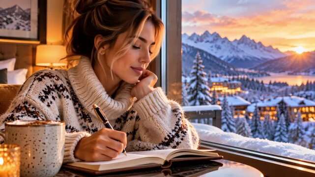 Young woman writing in notebook by window with winter mountain view  