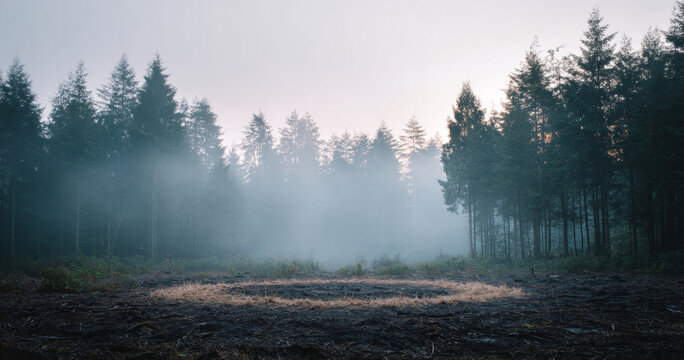 Foggy forest clearing with pine trees