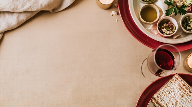 Passover seder plate with matzah and red wine on a festive red table, glowing under candlelight with copy space for holiday greetings