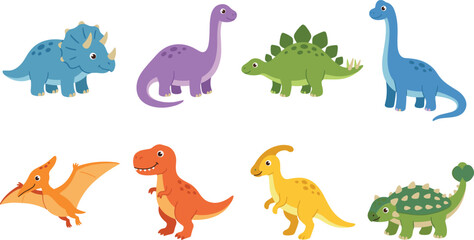 Collection of colorful cartoon dinosaurs including triceratops stegosaurus and tyrannosaurus for kids © MstRina