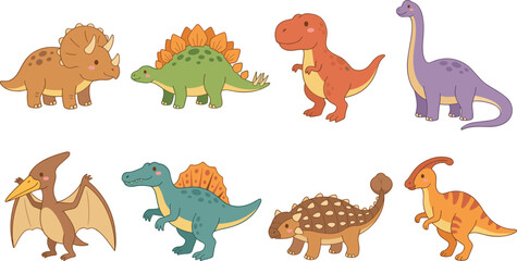 Cute cartoon dinosaurs set: colorful prehistoric animals, fossil reptiles, jurassic wildlife collection © MstRina