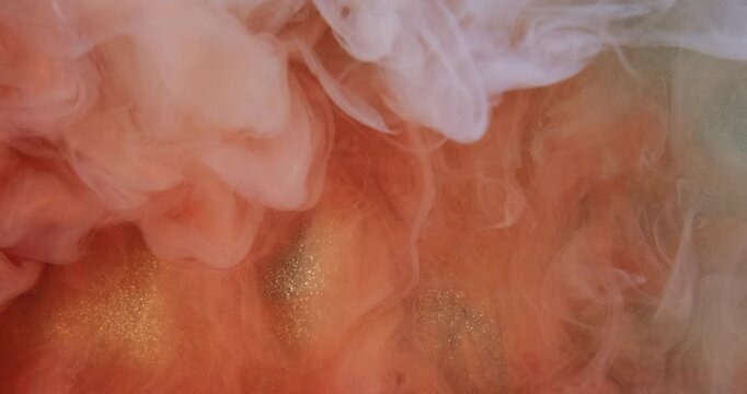 Cloud mix. Fog fluid. Orange red white ink fume swirl explosion underwater. Art color blur abstract background pigment curl shimmering liquid.