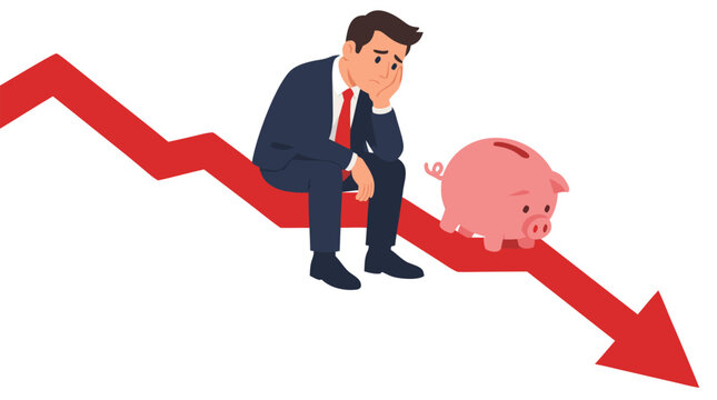 Sad dejected businessman in suit sitting on steep red descending financial graph arrow with empty pink piggy bank beside him symbolizing bankruptcy loss recession debt crisis investment failure