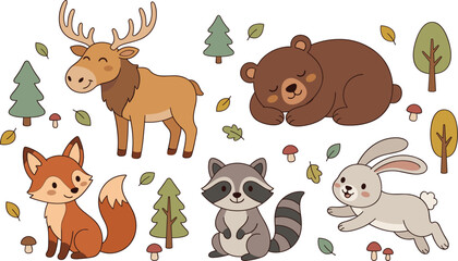 Obraz premium Woodland forest animals set with moose bear fox raccoon and rabbit among autumn foliage