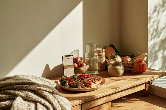 Wooden console table with a healthy salmon meal and a phone showing a glucose graph, cozy autumn home setting with copy space