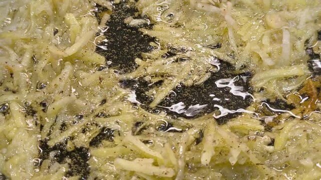Large grated potato fritter cooking in a frying pan. Hot oil bubbles around the potato pancake as a golden crispy crust forms during frying. Homemade potato pancake made from coarsely grated potatoes.