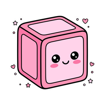 Cute kawaii pink cube character with smiling face and floating hearts