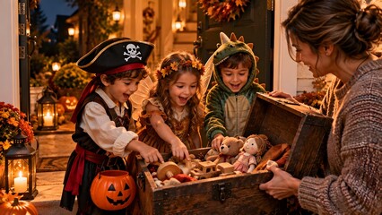 Naklejka premium Excited children in pirate and dinosaur costumes discovering surprises in a wooden treasure chest on a decorated porch during Halloween night with a smiling mother, autumn holiday concept