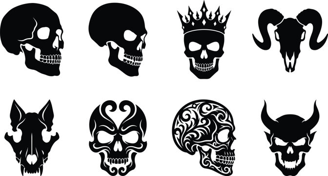 Spooky Halloween gothic skull silhouettes vector set featuring human skull profiles, crowned skull, ram skull, wolf skull, and horned demon