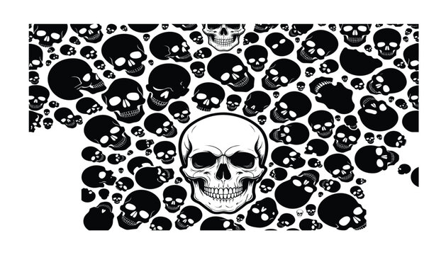 Spooky Halloween human skull background pattern vector illustration with black silhouettes and detailed central skull