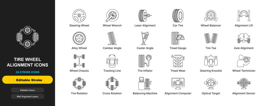 Tire wheel alignment line icon set with editable stroke. Laser alignment, wheel balancer, alignment lift, alloy wheel, camber angle, steering wheel for web ui design.