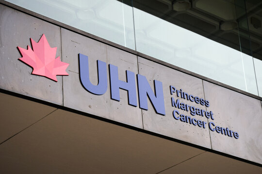 Low angle close-up of the UHN Princess Margaret Cancer Centre sign, September 2026