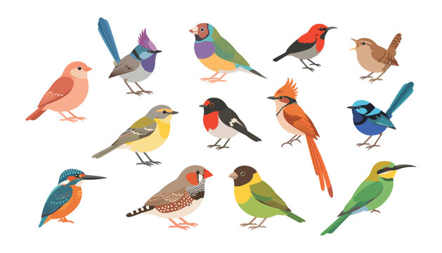 Colorful wild birds vector illustrations set with exotic species kingfisher finch and songbirds isolated on white background