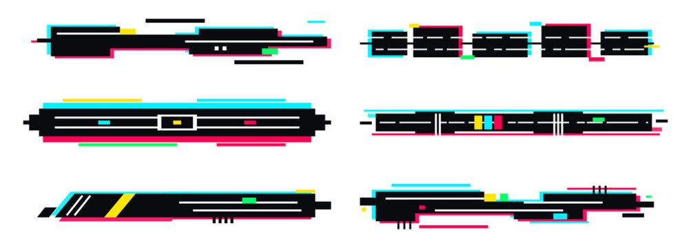 Set of digital glitch style lower thirds and text bars for video editing and motion graphics isolated on transparent background