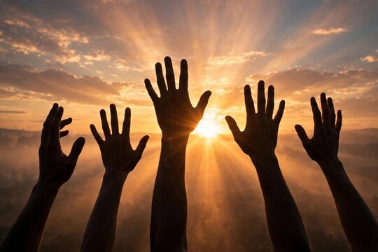 Raised hands silhouetted against a brilliant sunrise in hopeful worship
