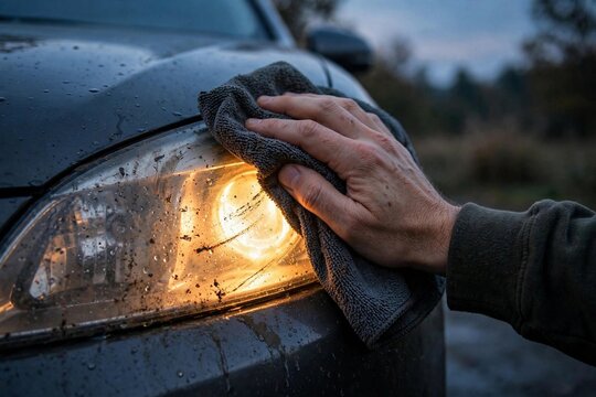 Hand wiping a car headlight clean, revealing a warm glow at dusk