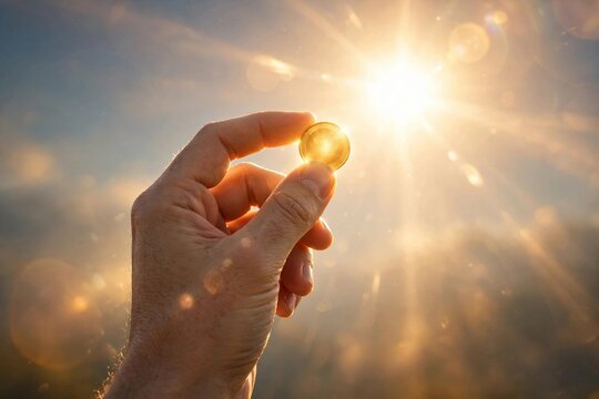 Hand holding a single glowing golden coin up to the sun with lens flare