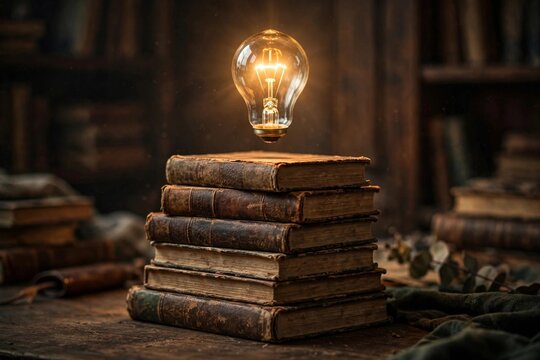 Stack of old books with a glowing lightbulb rising above them in a cozy study