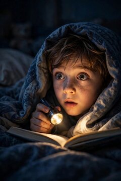 Child's wide wondering eyes reading under a blanket with a small flashlight at night