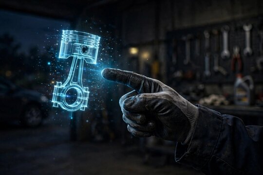 Mechanic's gloved hand pointing at a glowing engine-part hologram in a night garage