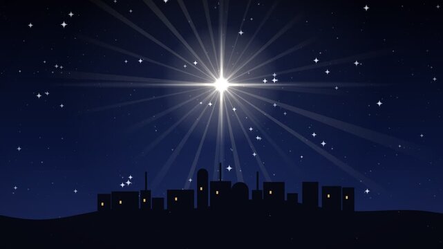 The Star of Bethlehem shines brightly over a silhouetted city skyline at night, a symbol of hope and guidance during the Christmas season