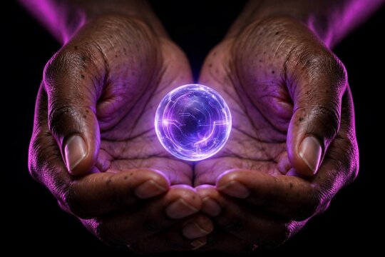 Dark-skinned woman's hands cradling a small glowing violet AI orb like something precious