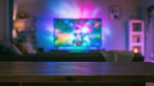 Empty wooden table with a smooth dark grain in a gaming room, featuring a blurred television and neon purple lighting for product display mockup