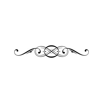 A black decorative swirl flourish divider with a central circle isolated on a transparent background