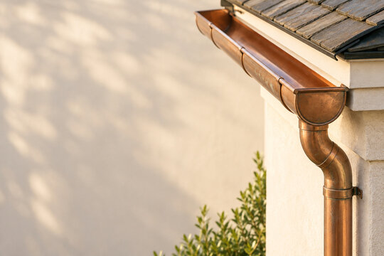 Clean copper gutter and downpipe on a sunlit house