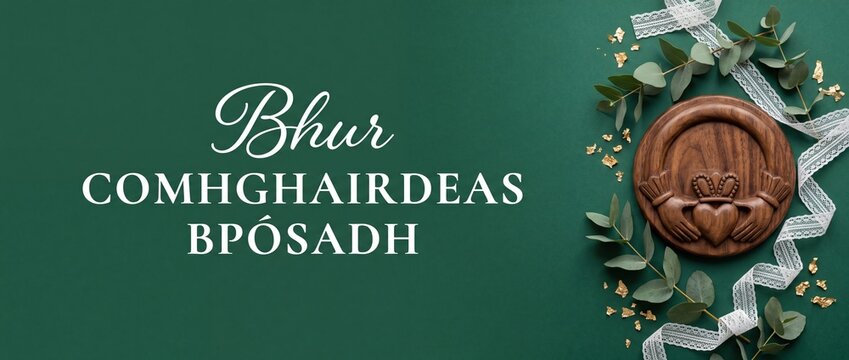 Irish wedding background Claddagh banner with Gaelic congratulations text, eucalyptus leaves, lace ribbon and gold flakes flatlay on dark green table for marriage greeting card template design.
