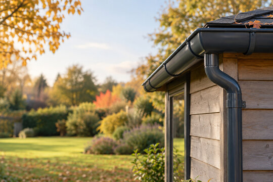 Charcoal gutter and downpipe on a wooden garden shed