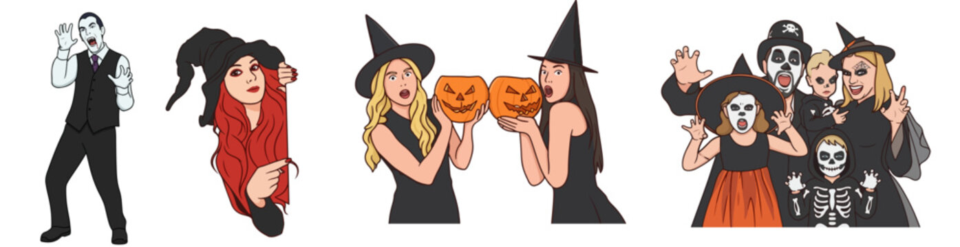 Halloween Costumes Concept Frankenstein Zombie Red Hood Witch Witches with Pumpkins and Spooky Family Set Vector Illustration Isolated on White Background