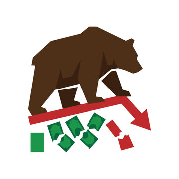 Brown bear standing on a red downward arrow crushing green money during a financial market crash and economic recession