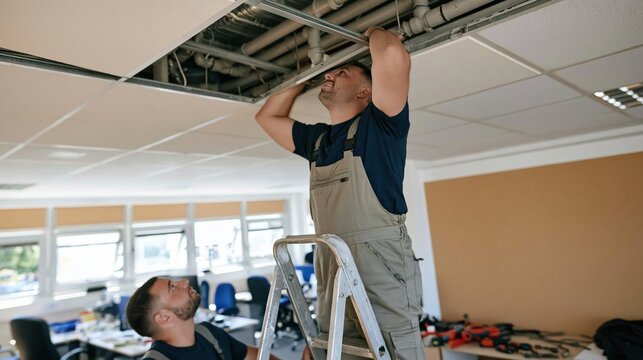 Facility maintenance workers repairing a ceiling HVAC system in a dim office, with soft light for plumbing and building services