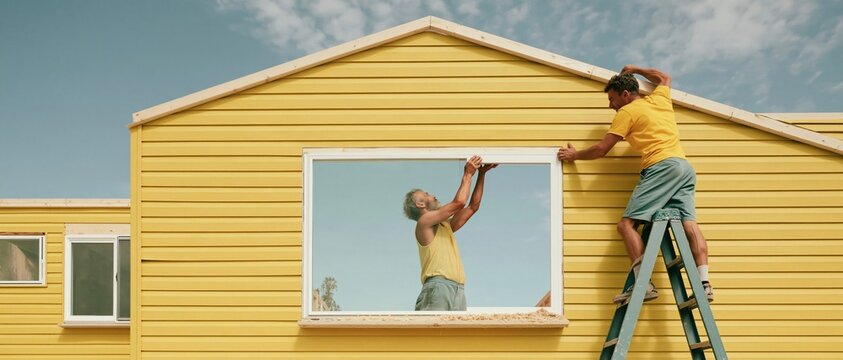 Repairmen installing a large glass window into a new house with yellow siding, showing a productive construction scene for renovation banners