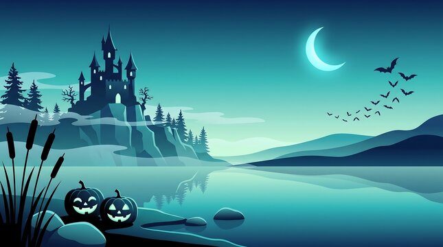 Spooky halloween landscape illustration featuring a dark castle and glowing jack o lanterns as high quality digital art vectors