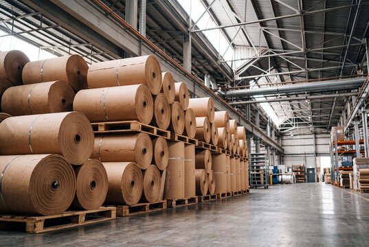 Giant kraft paper rolls stacked on wooden pallets in a modern manufacturing plant warehouse, representing industrial packaging materials, raw paper production, or logistics storage.