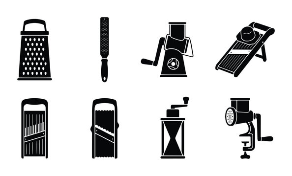 Kitchen grater and mandoline slicer icons for food preparation, outline solid styles, UI and web interface