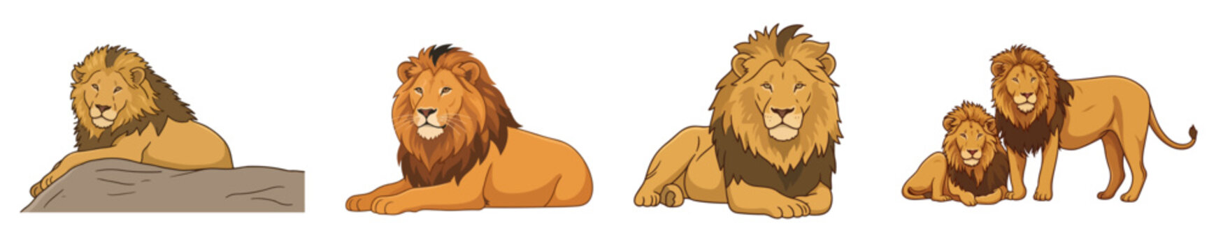 African Male Lions Resting on Rock and Ground Poses with Lion Pair Safari Wildlife Concept Set Vector Illustration Isolated on White Background