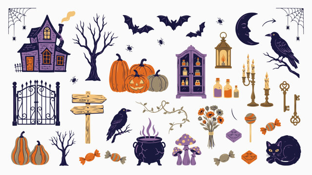 Halloween Vector Clipart Collection with Pumpkins Bats Potions and Candles
